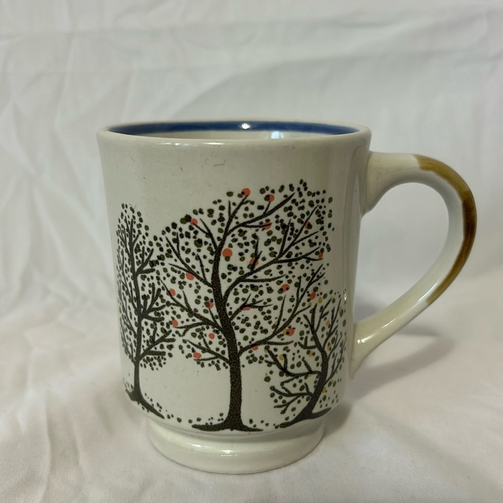 Tree with Fruit Coffee Cup Mug Tea Cup Blue Rim Stylistic Drawing Painted